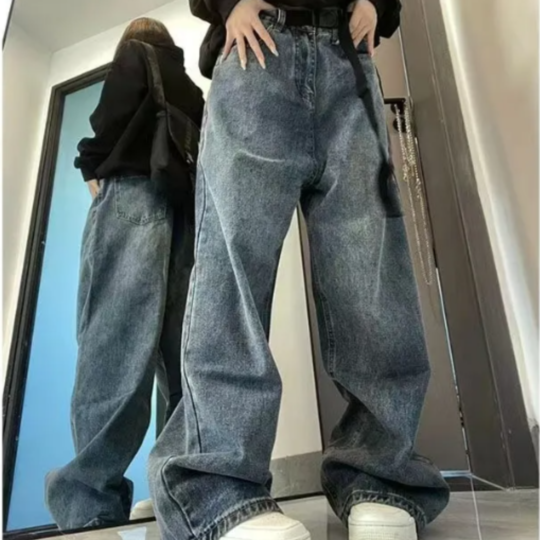 Washed Blue Belt Baggy Jeans