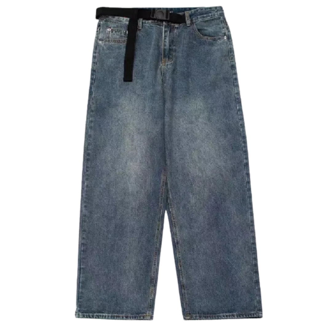 Washed Blue Belt Baggy Jeans