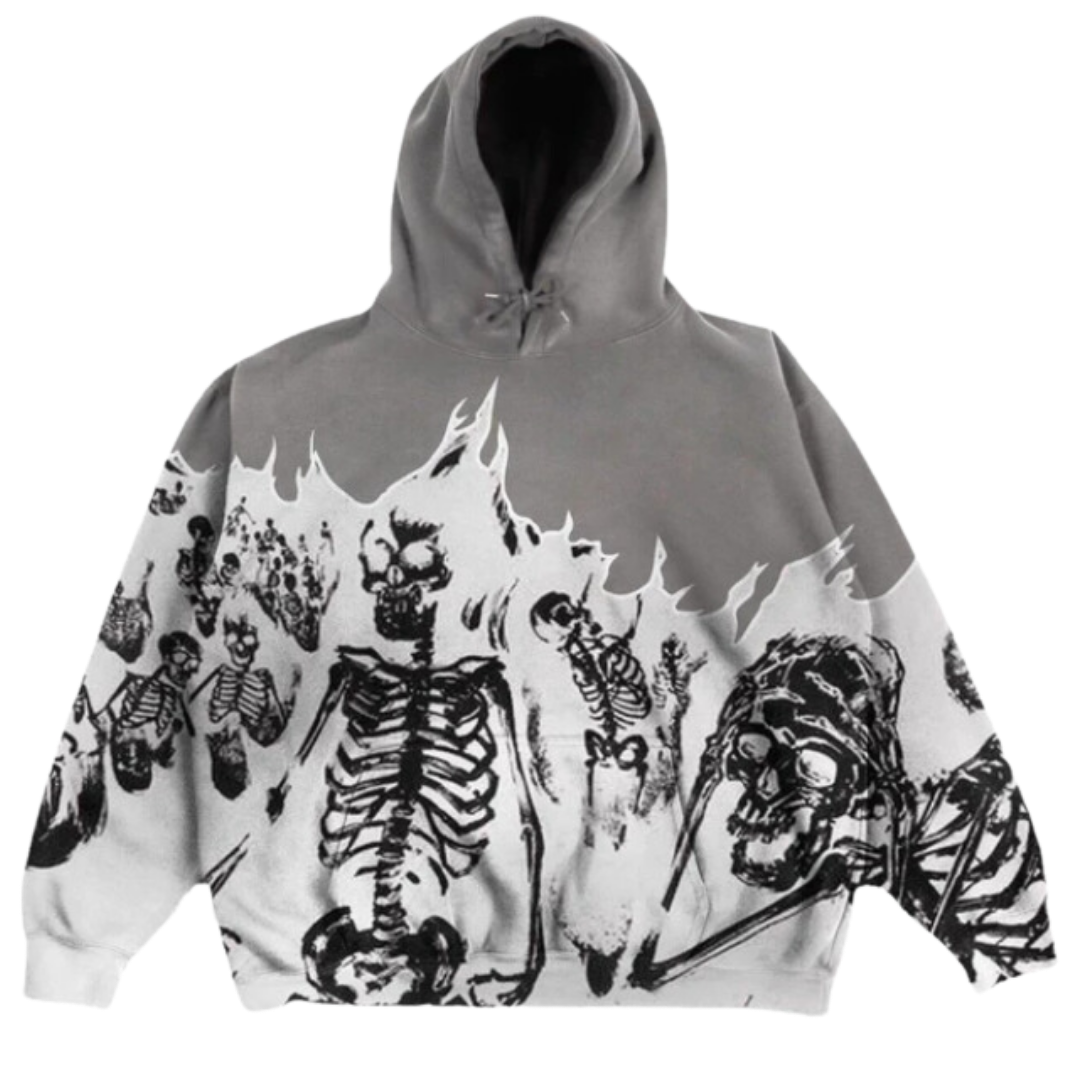 Flaming Skeleton Y2K Hoodie Grey-White