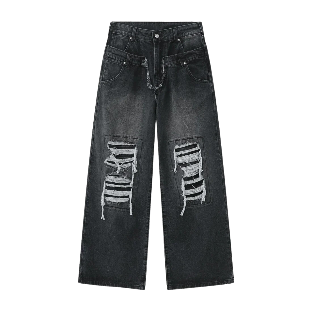 Double Ripped Baggy Jeans Washed Grey