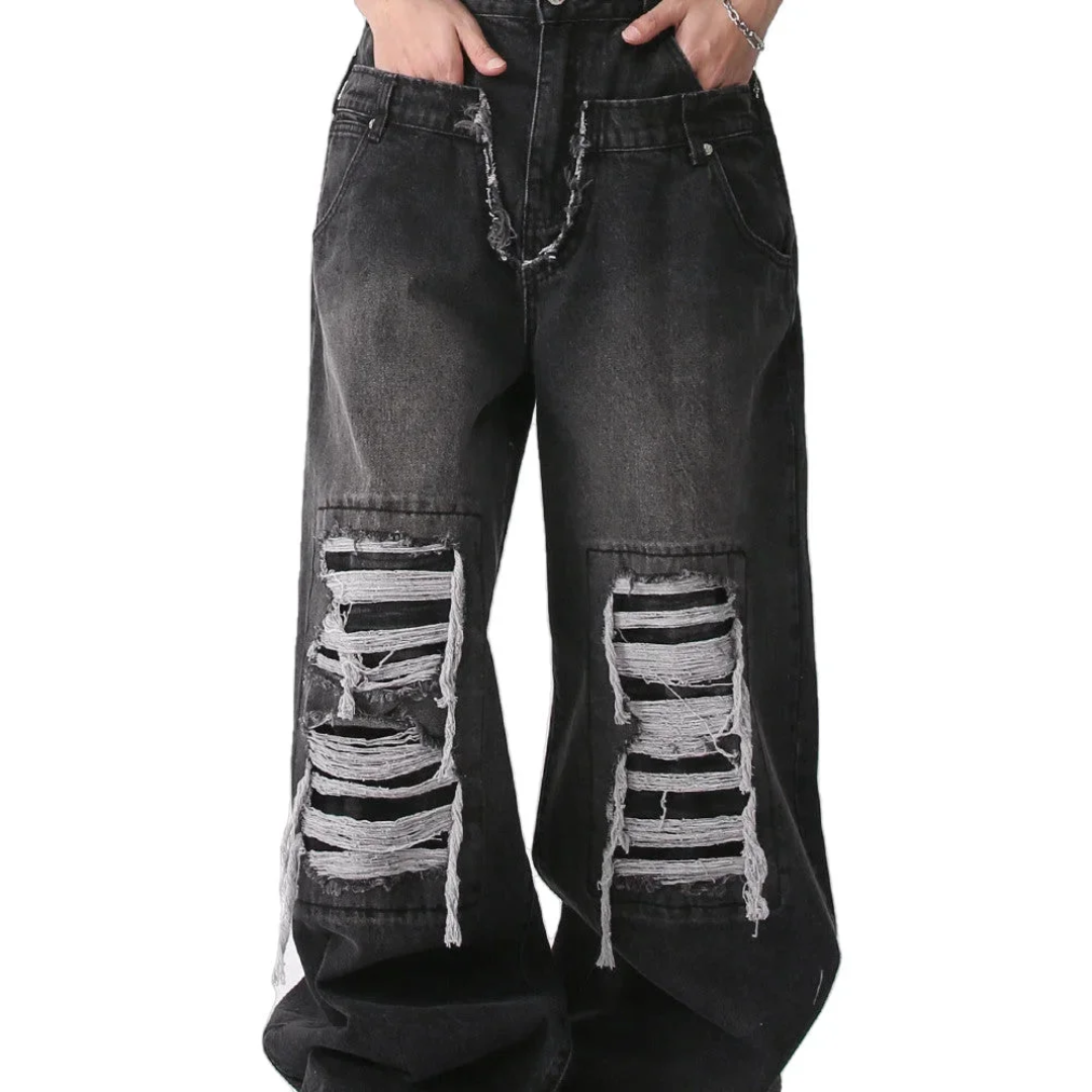 Double Ripped Baggy Jeans Washed Grey